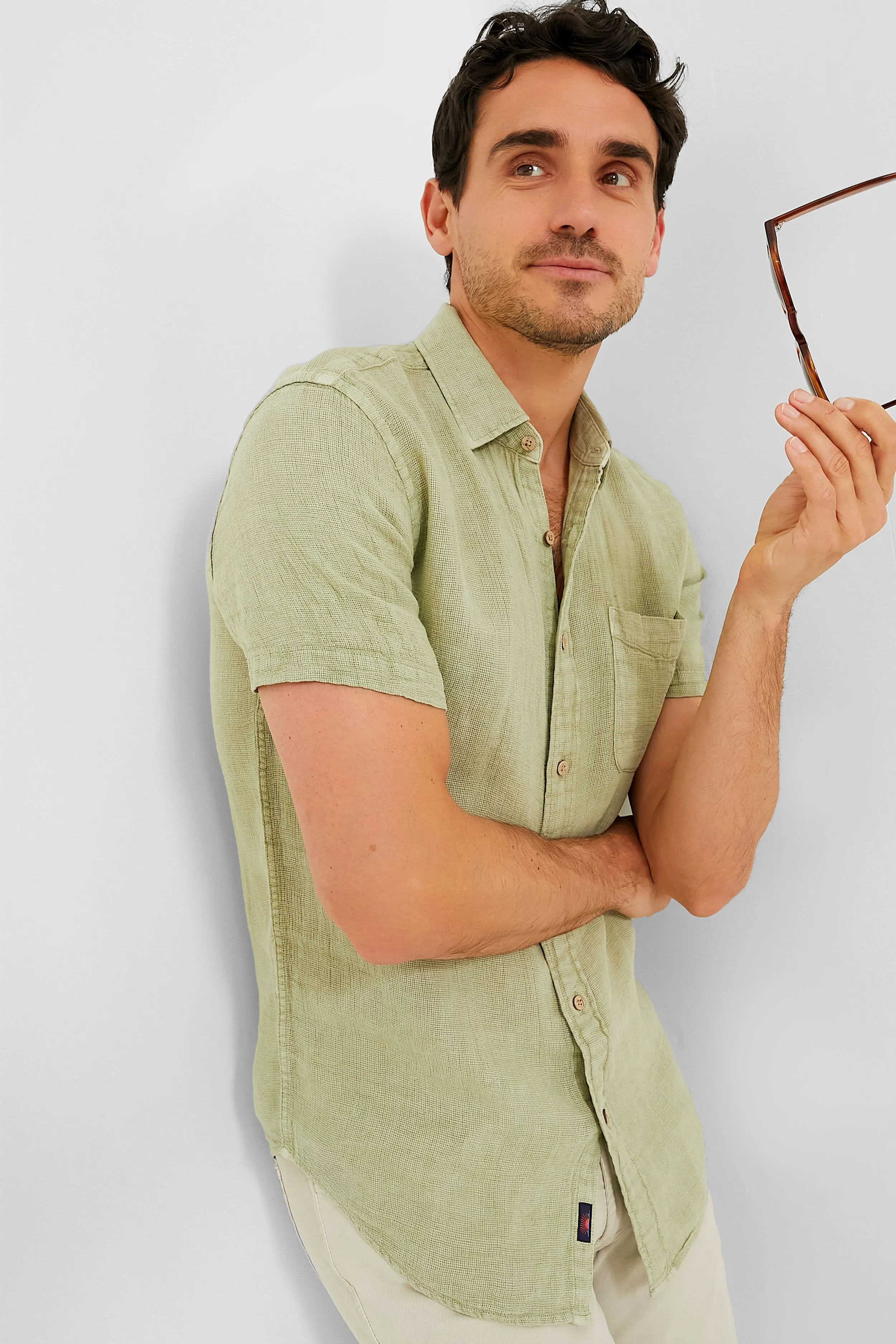 Canyon Olive Basketweave Shot Sleeve Palma Linen Shirt sold by Tuckernuck