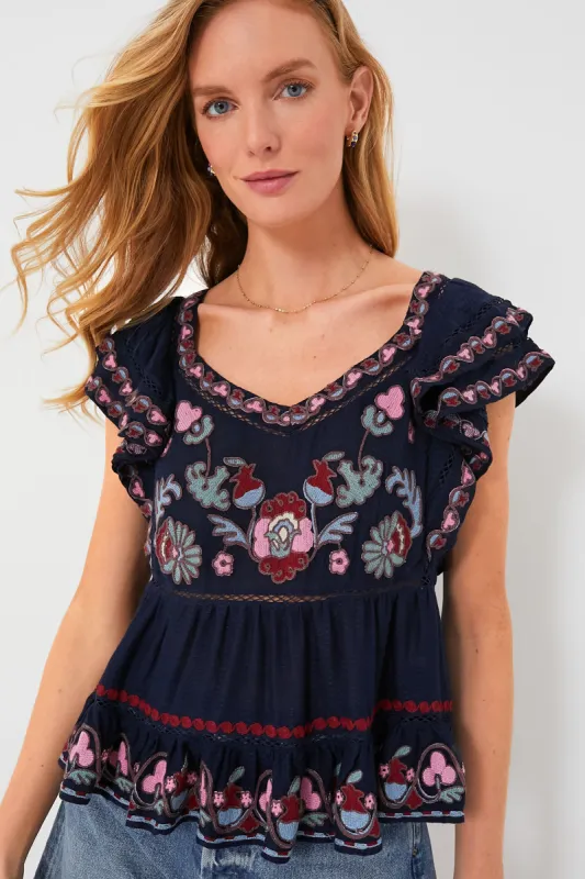 Navy Eclisse Embroidery Flutter Sleeve Top sold by Tuckernuck