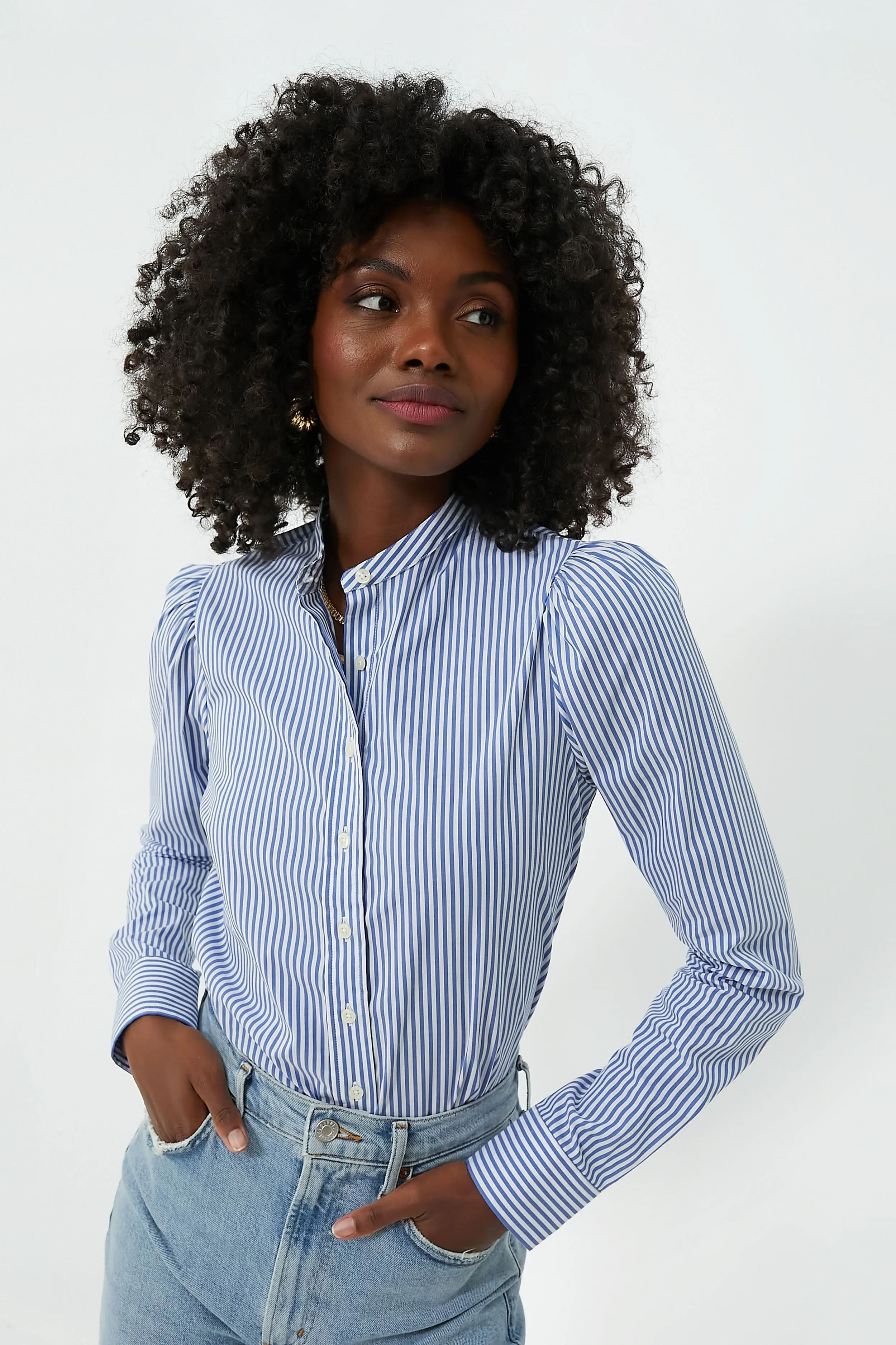 Blue and White Stripe Puffed Shoulder Shirt sold by Tuckernuck