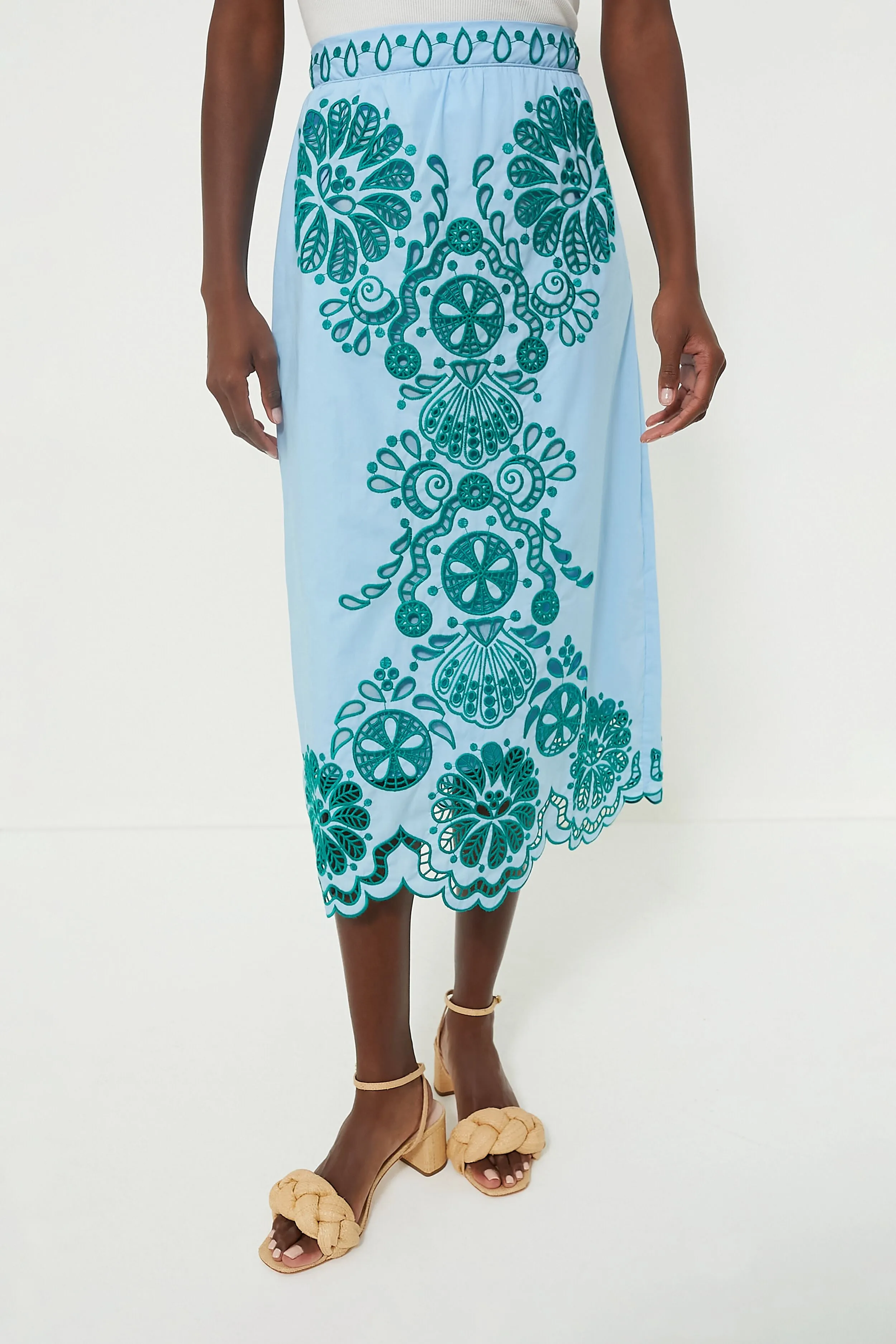 Light Blue and Green Richelieu Midi Skirt sold by Tuckernuck