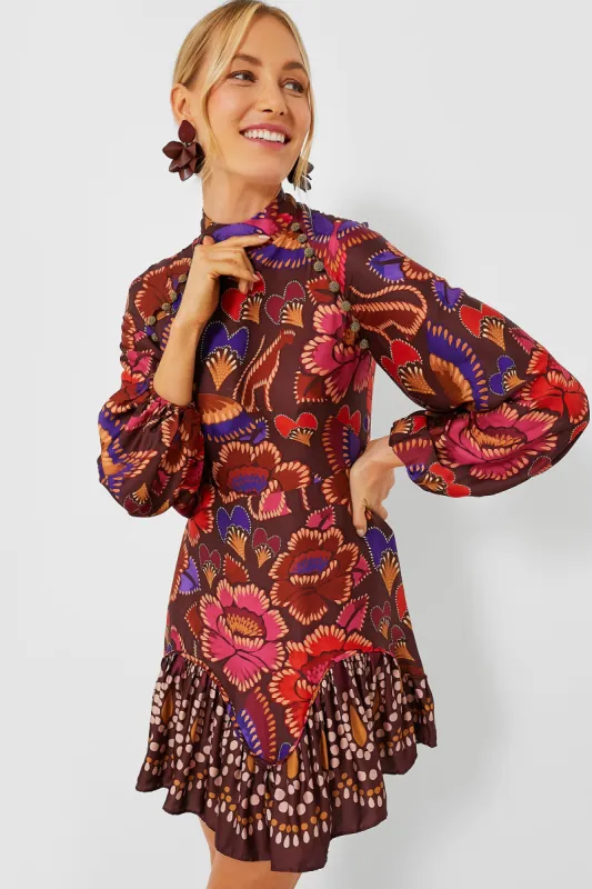 Bright Flora Brown Long Sleeve Mini Dress sold by Tuckernuck