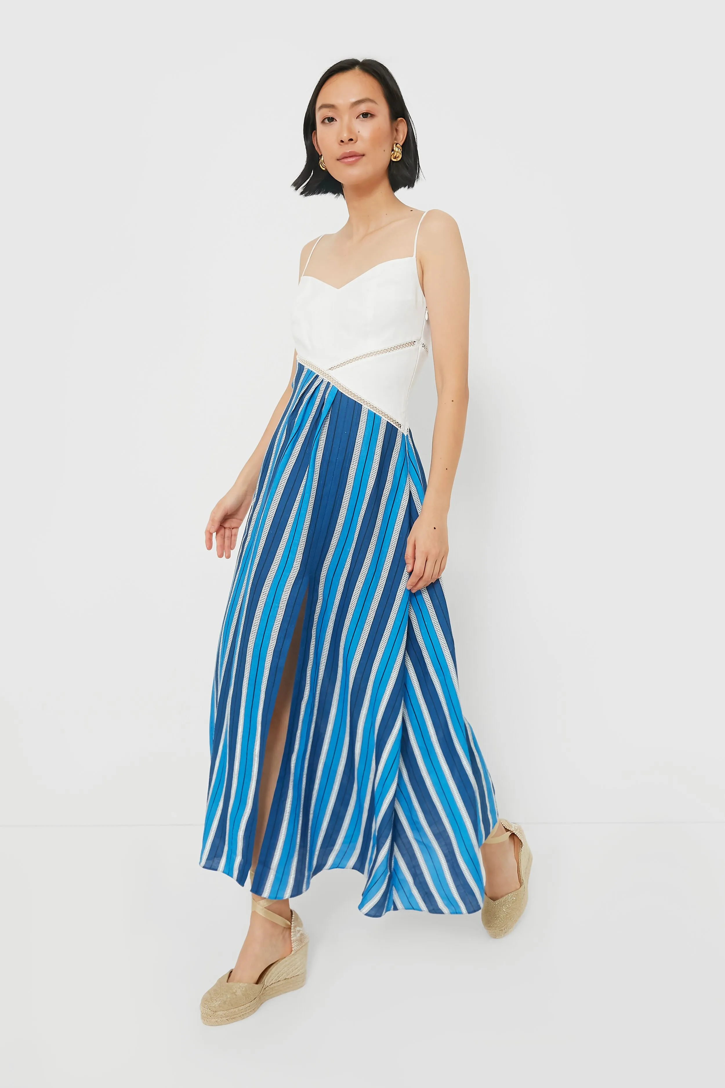 White & Blue Stripe Linen Maxi Dress sold by Tuckernuck