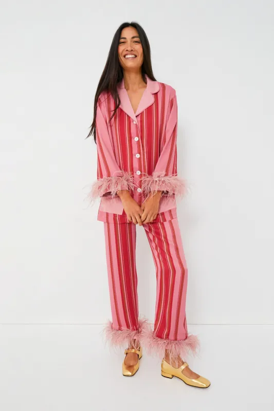 Pink Stripes Party Pajamas with Feathers sold by Tuckernuck