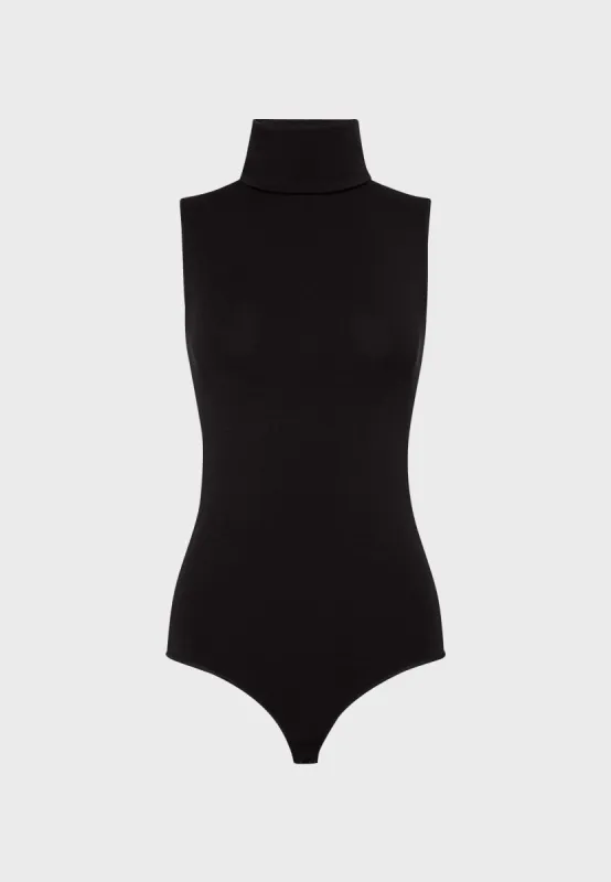 Black Viscose Sleeveless Turtleneck String Bodysuit sold by Tuckernuck