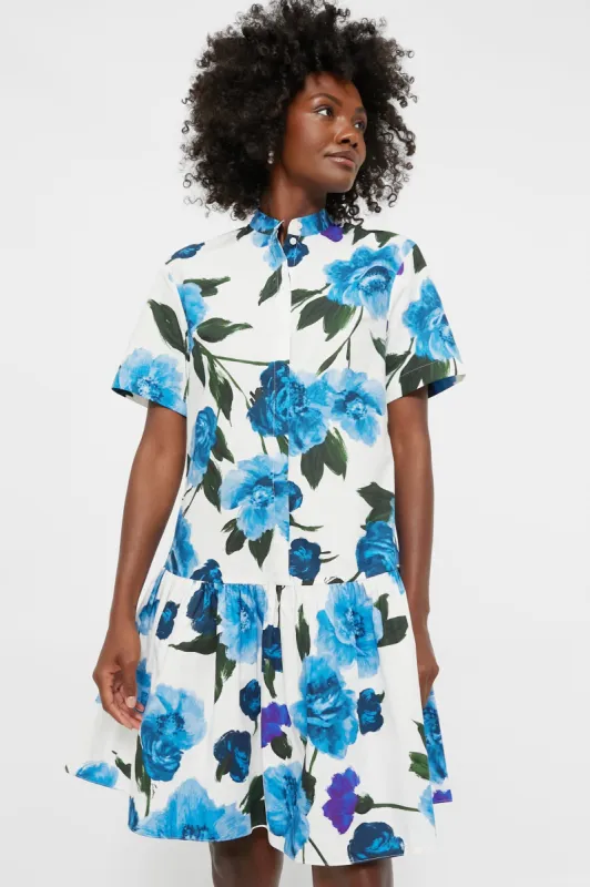 White and Blue Short Sleeve Button Down Mini Dress made by ERDEM