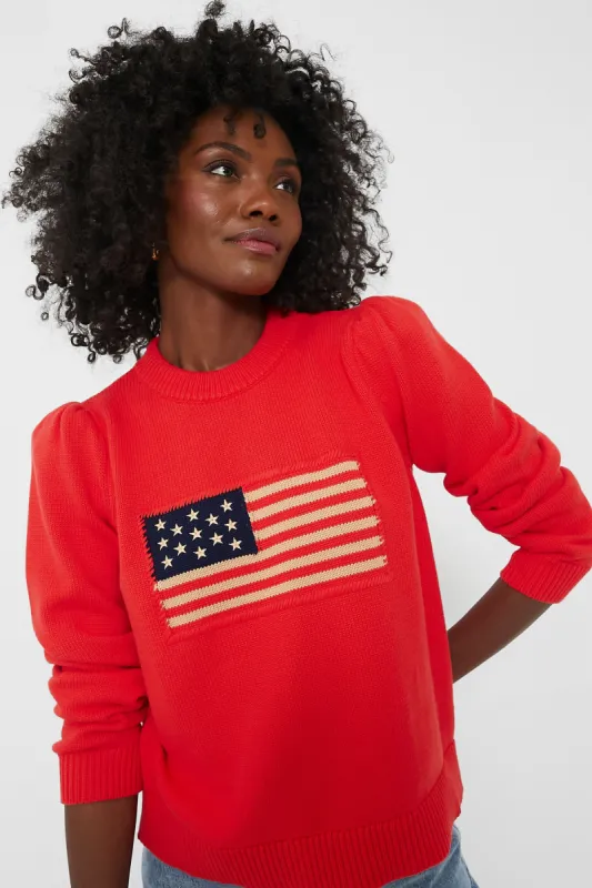 Red Cropped Puff Sleeve Americana Sweater made by Tuckernuck