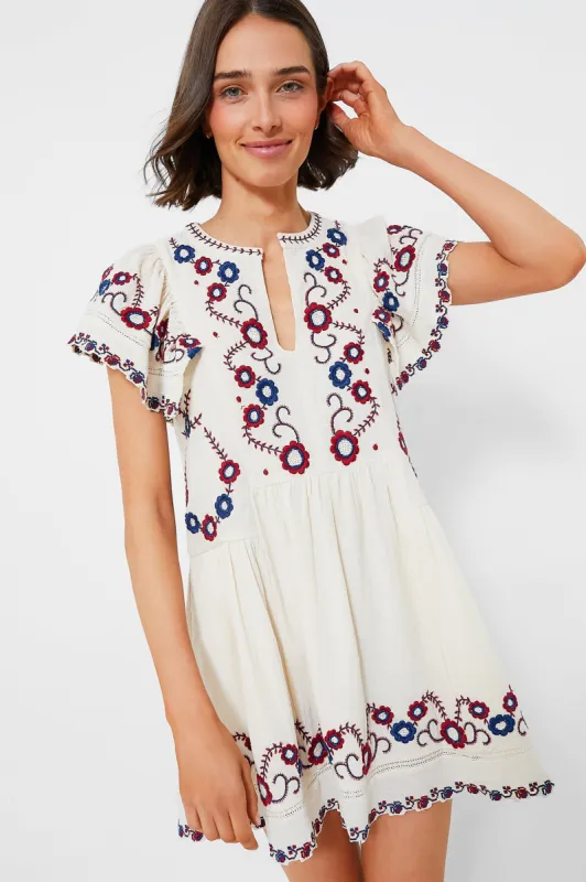 Cream Multi Soren Embroidery Short Sleeve Dress made by Sea New York
