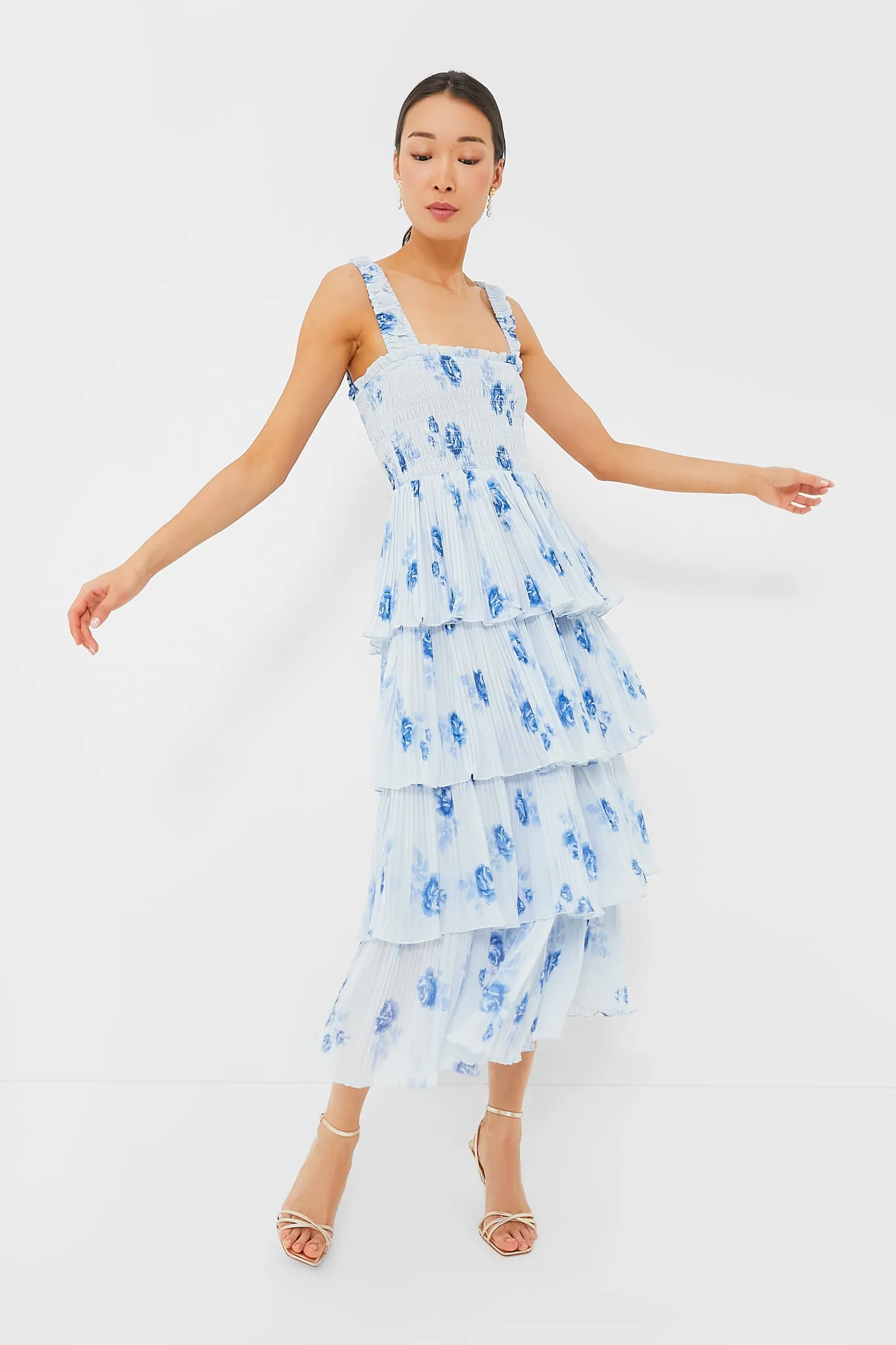 Heather Pleated Georgette Smock Midi Strap Dress sold by Tuckernuck