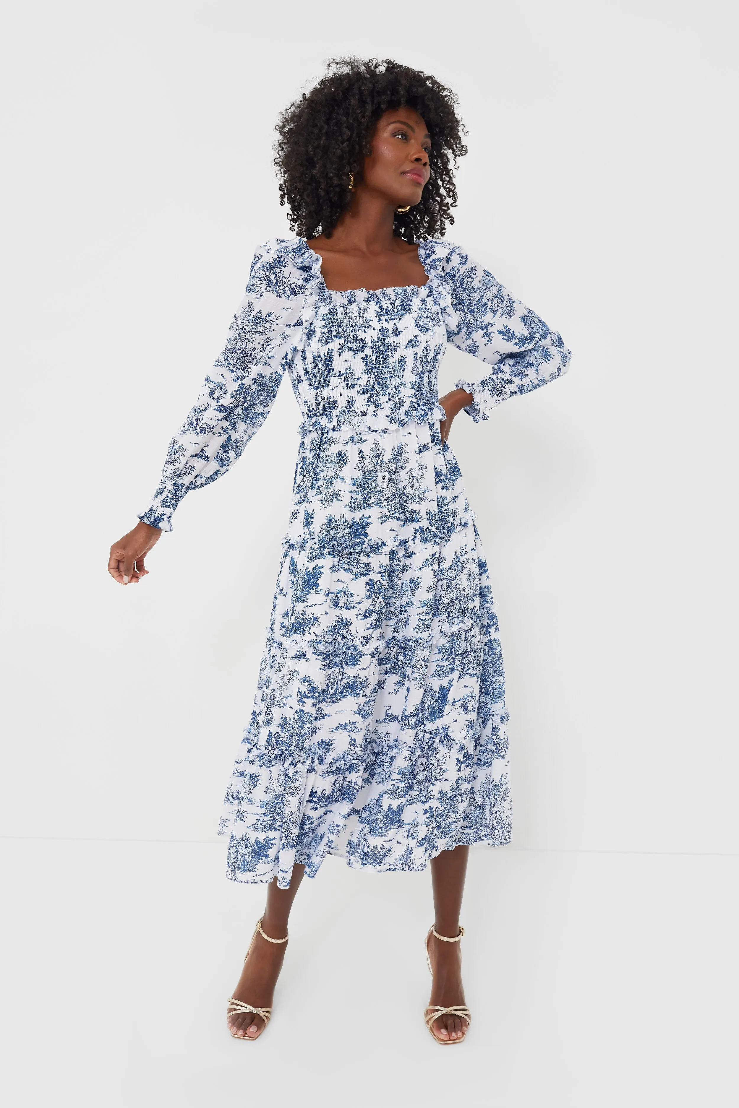 Blue Toile Long Sleeve Georgina Midi Dress sold by Tuckernuck