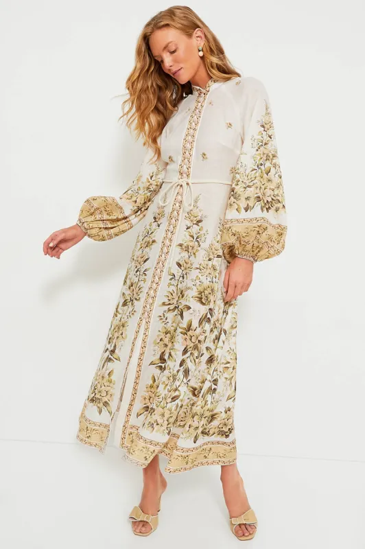 Sage Toile Floral Golden Buttoned Midi Dress made by Zimmermann