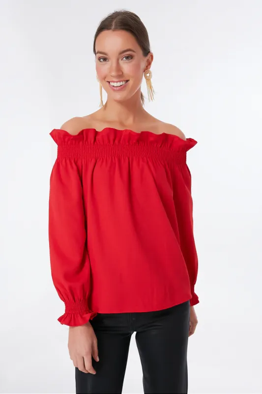 Red Off the Shoulder Marguerite Blouse sold by Tuckernuck