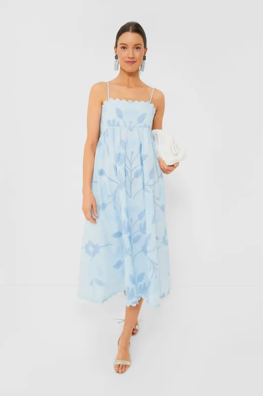 Pale Blue Tie Back Midi Dress with Bellflower Block Print sold by Tuckernuck