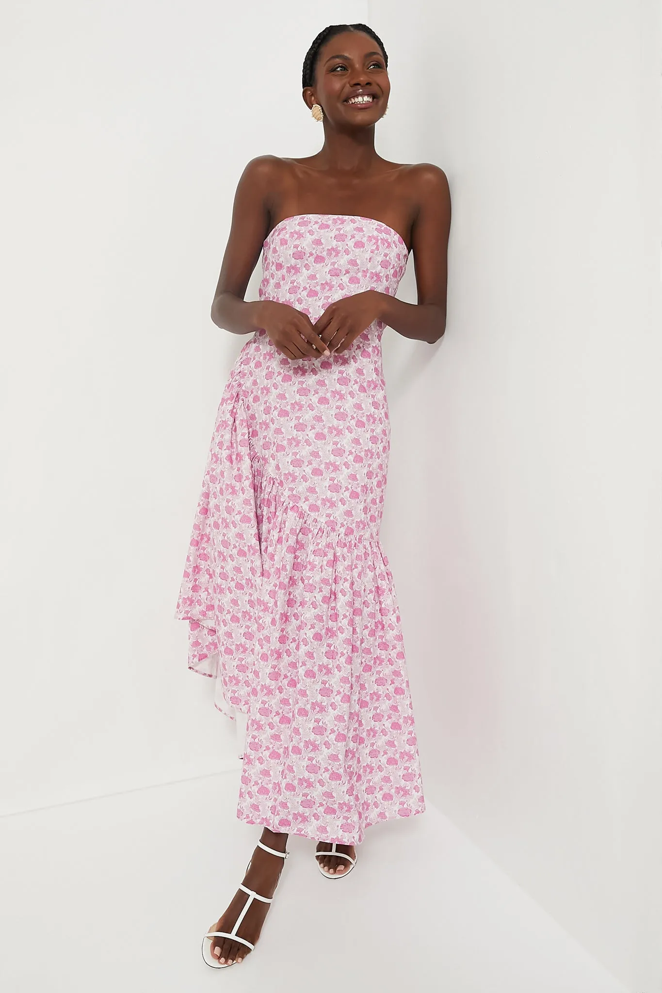 Pink and White Floral Ruffle Hem Camellia Dress sold by Tuckernuck