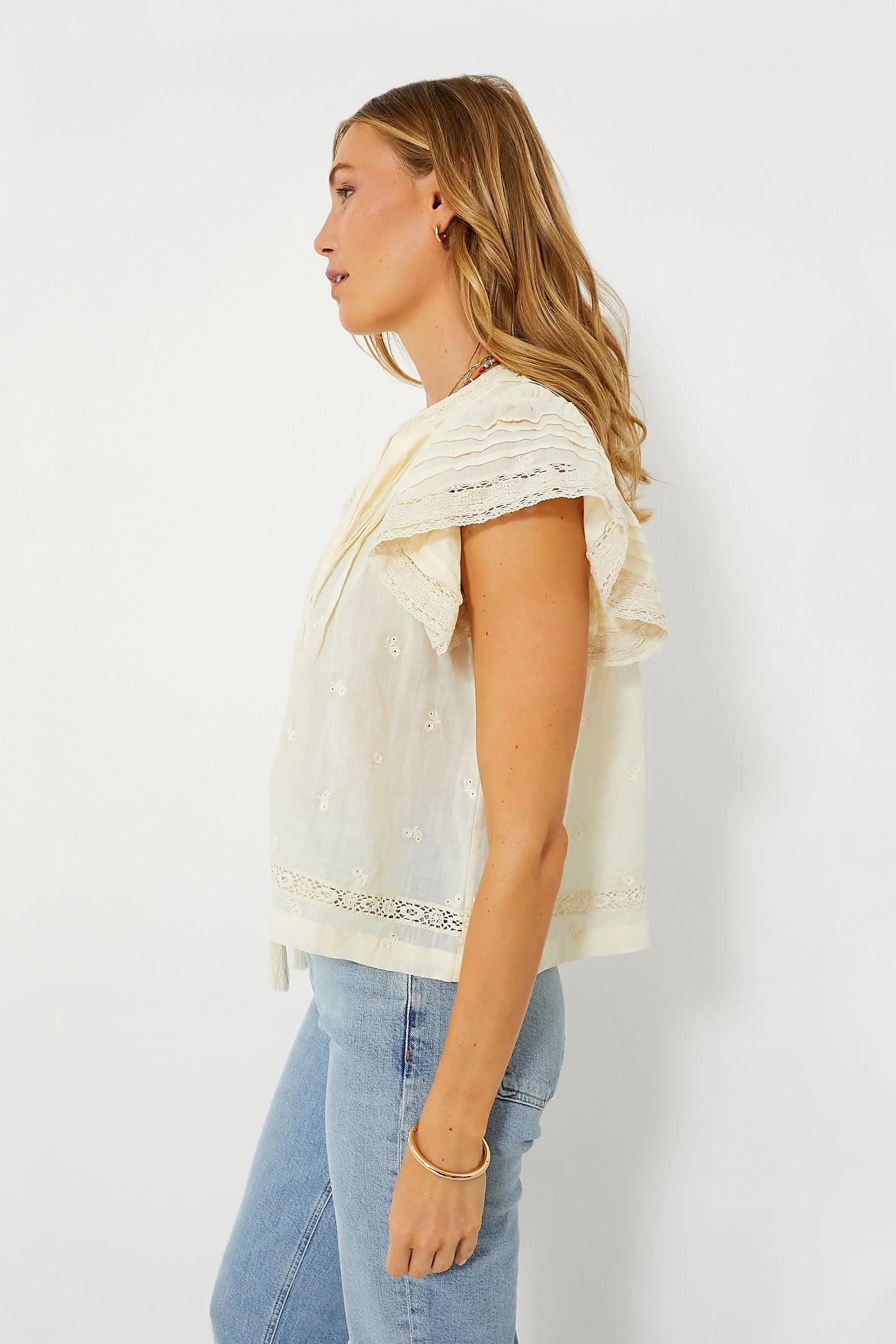 Cream Loren Solid Cambric Flutter Sleeve Top sold by Tuckernuck product image thumbnail 4