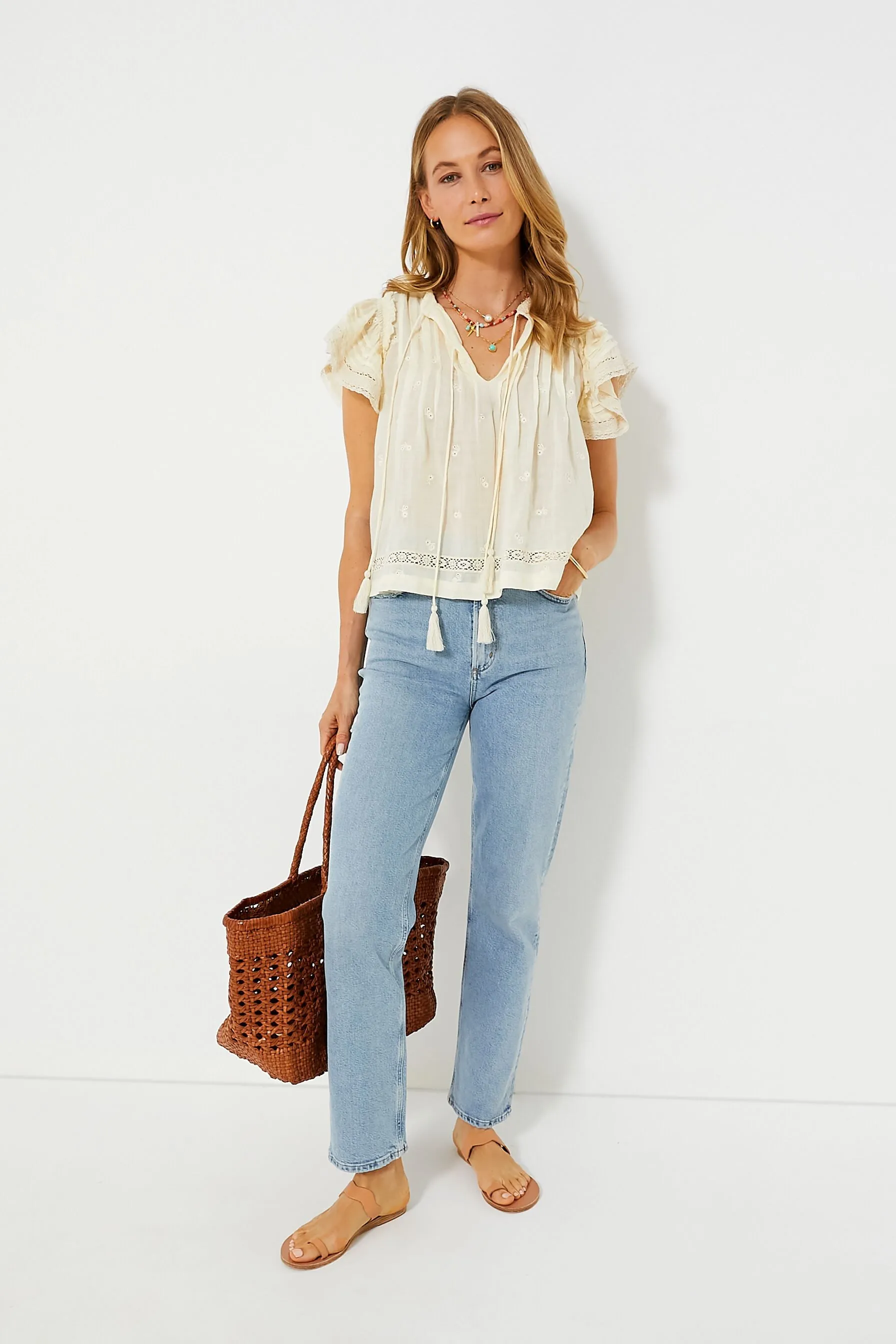 Cream Loren Solid Cambric Flutter Sleeve Top sold by Tuckernuck product image thumbnail 3