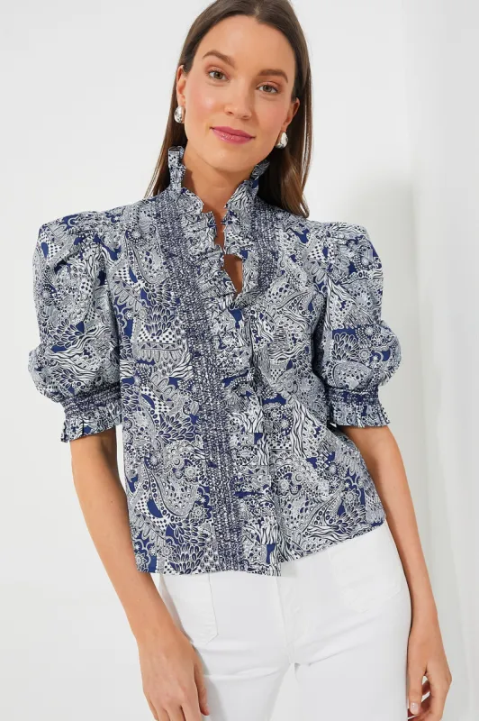 Navy Geo Floral Ruffle Neck Aria Blouse sold by Tuckernuck