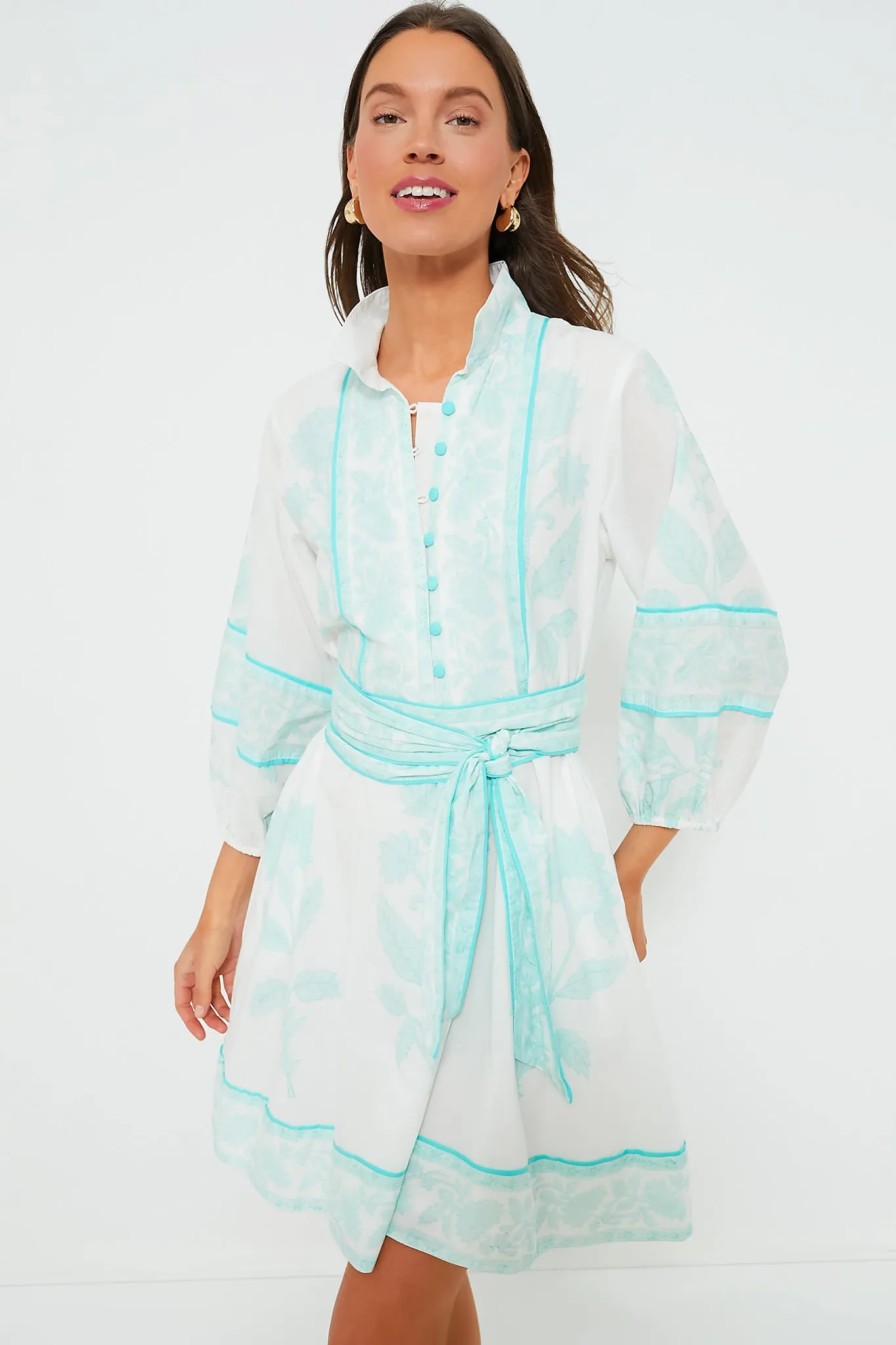 Exclusive Light Turquoise Flounce Shorty Dahlia Print Mini Dress sold by Tuckernuck