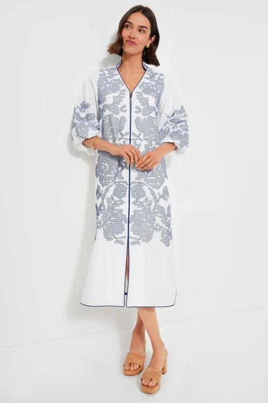 White & Blue Embroidery Arem Caftan sold by Tuckernuck