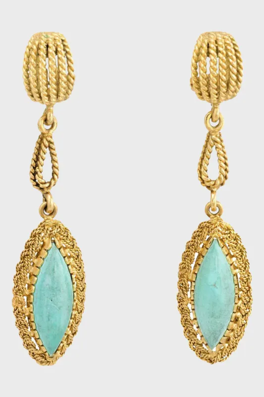 Vintage Turquoise Drop Earrings 18k Yellow Gold Rope Design Dangle Estate Fine sold by Tuckernuck