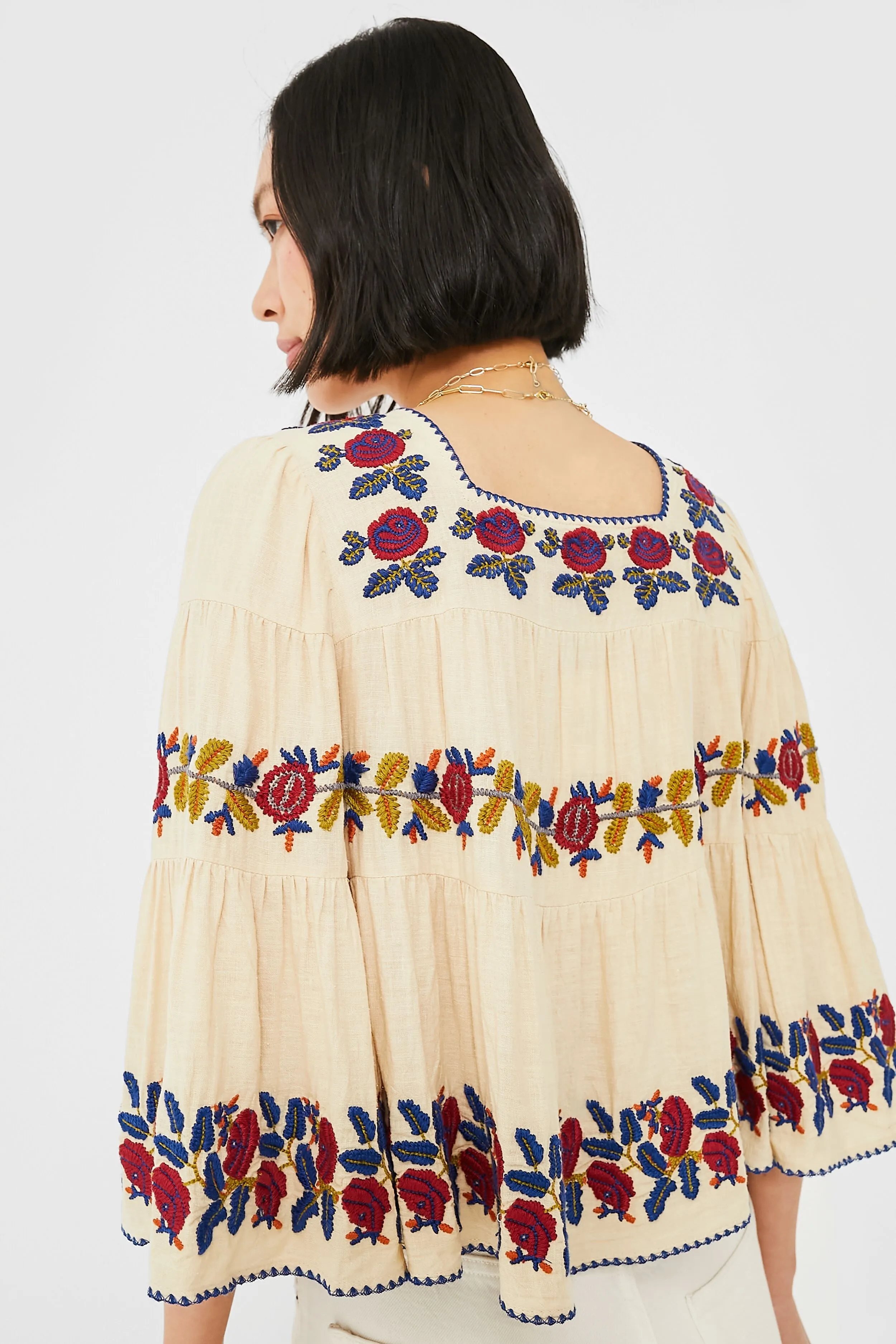 Beige Nan Silk Embroidery Bell Sleeve Squared Neck Top sold by Tuckernuck product image thumbnail 4