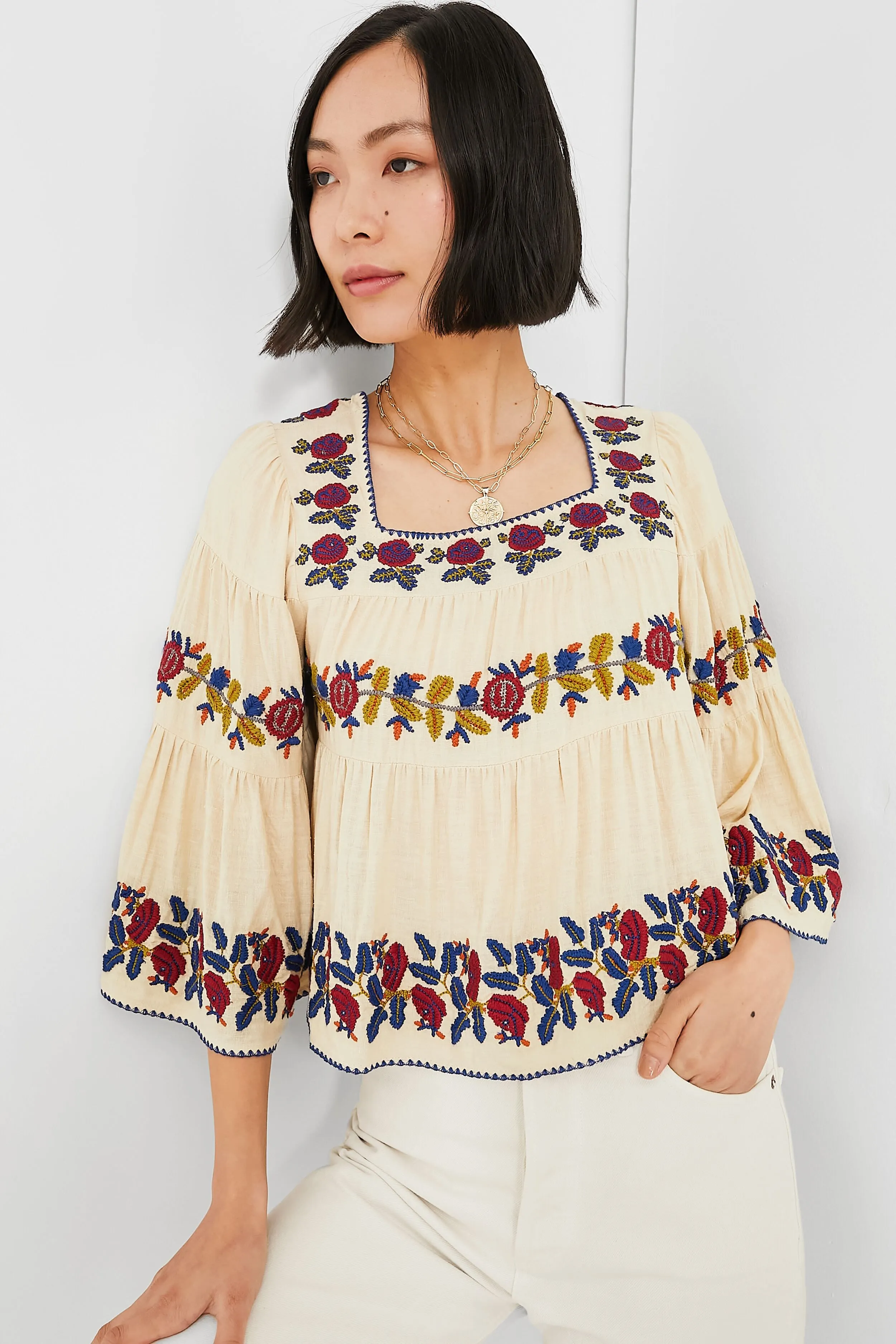 Beige Nan Silk Embroidery Bell Sleeve Squared Neck Top sold by Tuckernuck