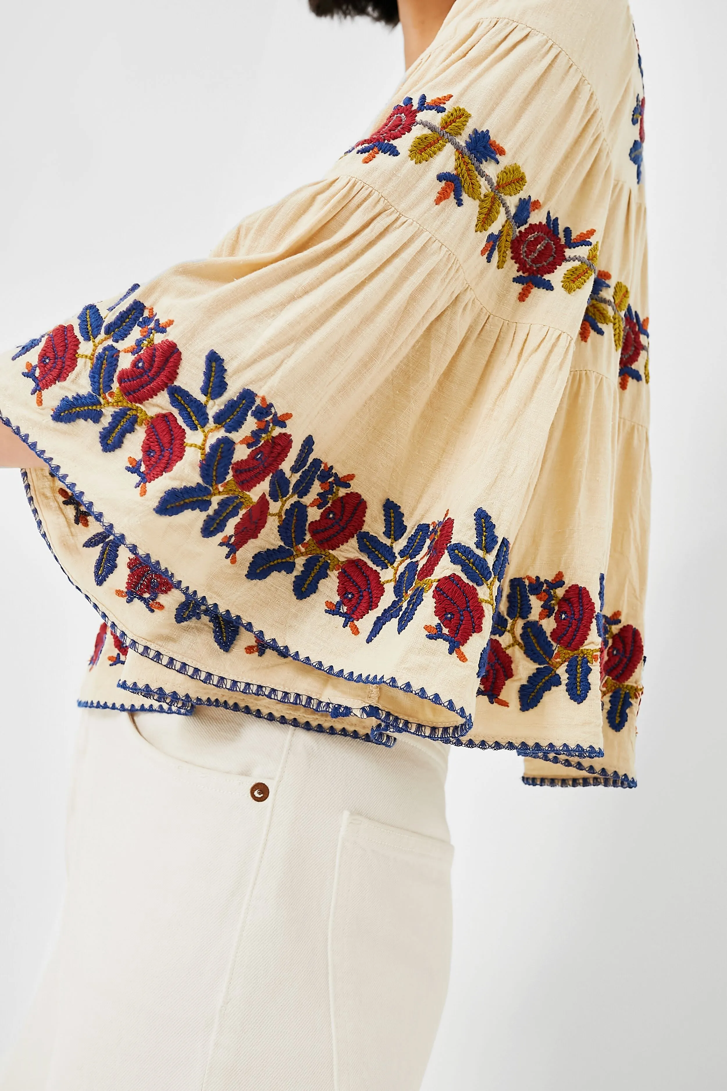 Beige Nan Silk Embroidery Bell Sleeve Squared Neck Top sold by Tuckernuck product image thumbnail 5