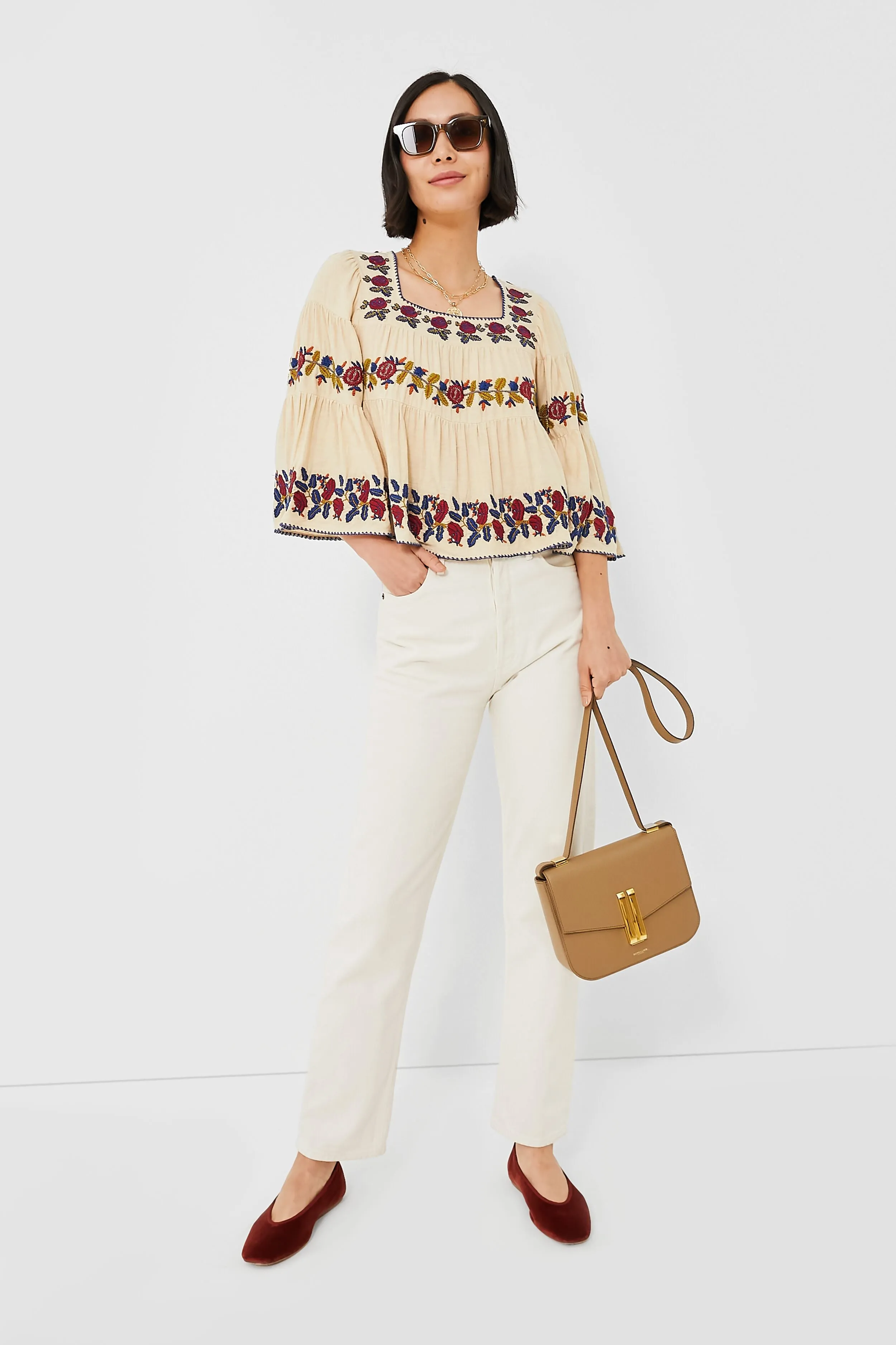 Beige Nan Silk Embroidery Bell Sleeve Squared Neck Top sold by Tuckernuck product image thumbnail 2