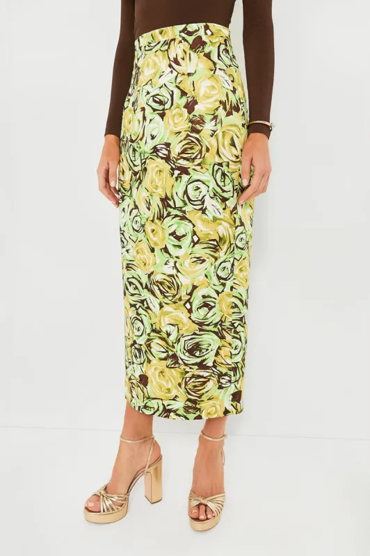 Green and Lemon Abstract Roses Lorelei Twill Skirt sold by Tuckernuck