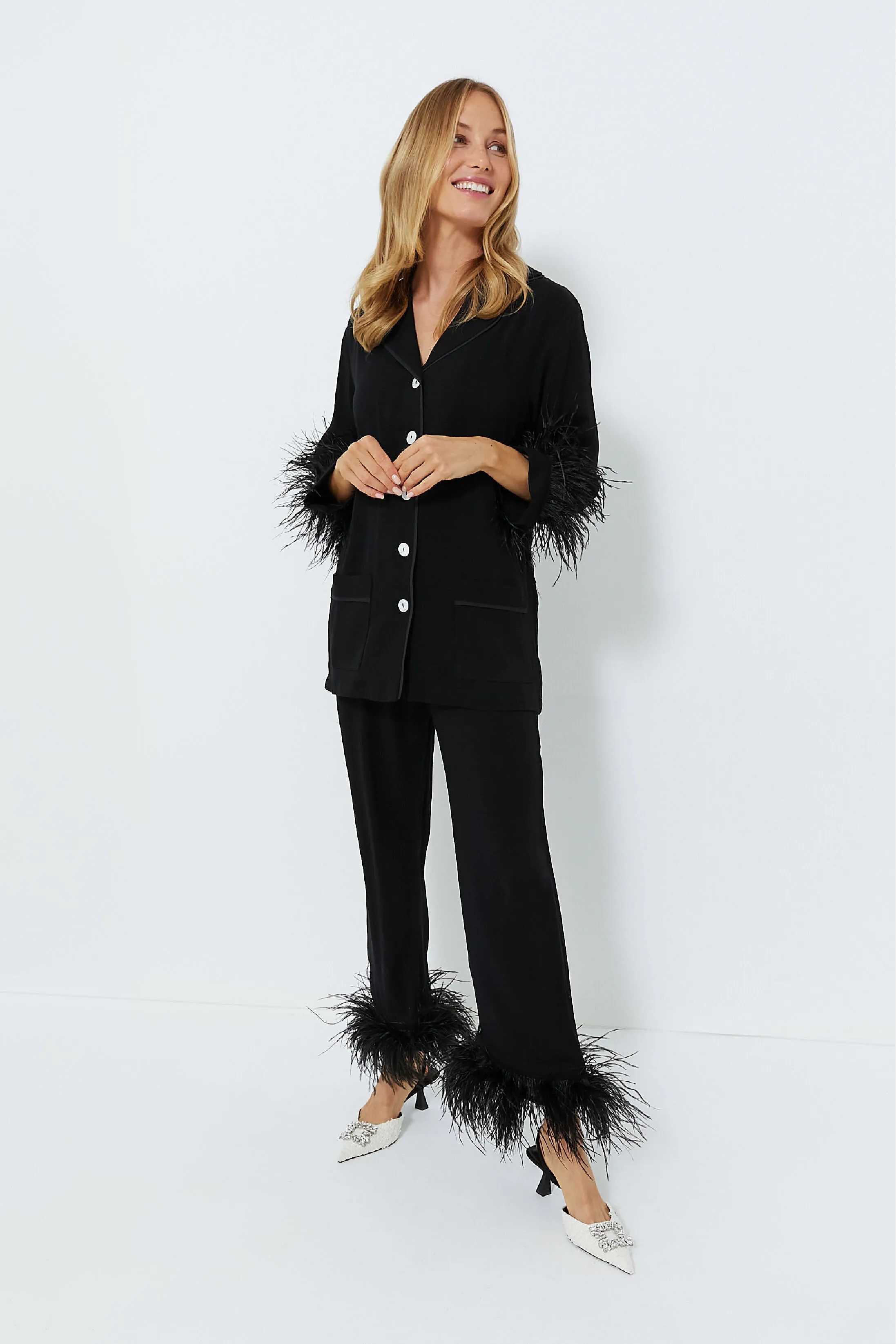 Black Party Pajama Set with Feathers sold by Tuckernuck