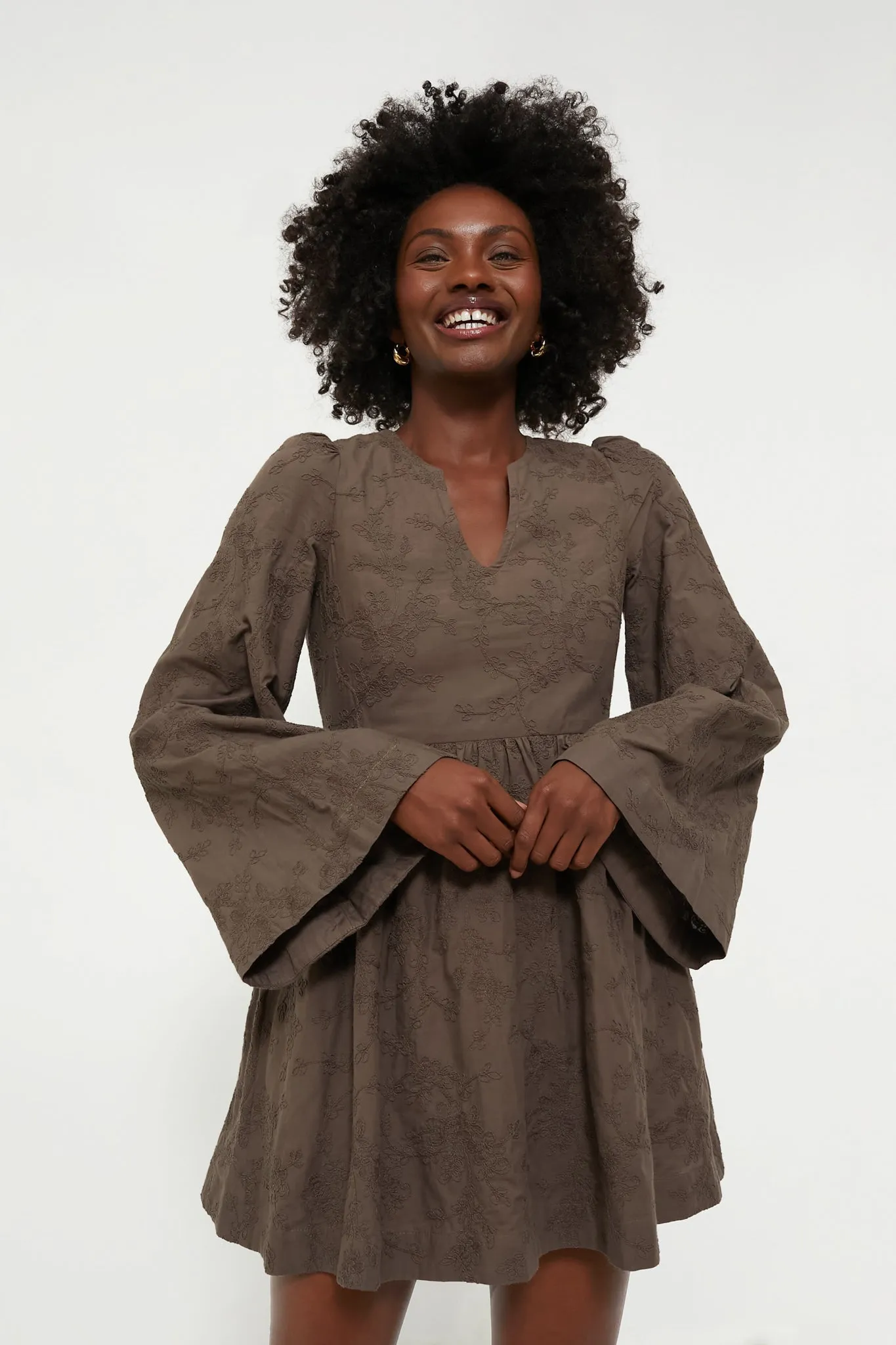 Brown Textured Becca Bell-Sleeved Mini Dress | Parallel