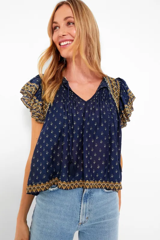 Navy Arlita Print Flutter Sleeve Top sold by Tuckernuck