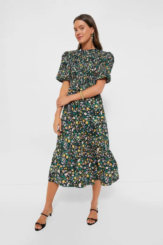 Black Multi Floral Smocked Samantha Midi Dress sold by Tuckernuck