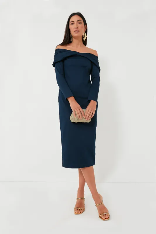 Navy Aliette Cotton Satin Midi Dress sold by Tuckernuck