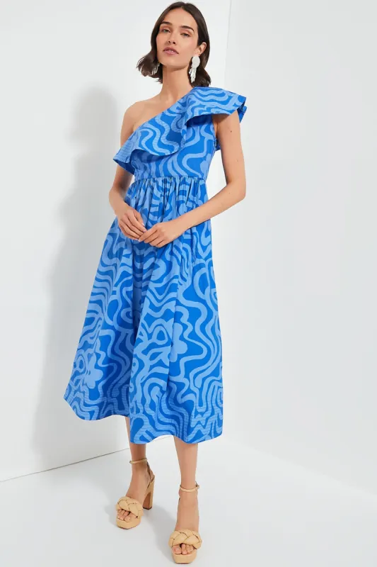 Ashbury Blue One Shoulder Ruffle Maxi Dress sold by Tuckernuck