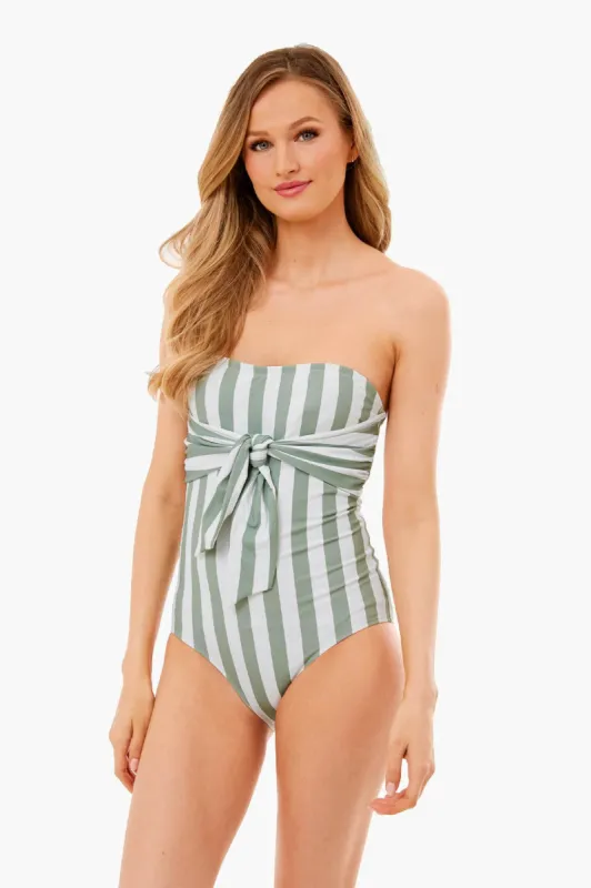 Sage Olive And White Tie Front Strapless One Piece sold by Tuckernuck