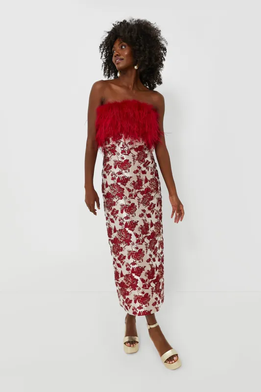 Red Jacquard Feathered Reina Maxi Dress sold by Tuckernuck