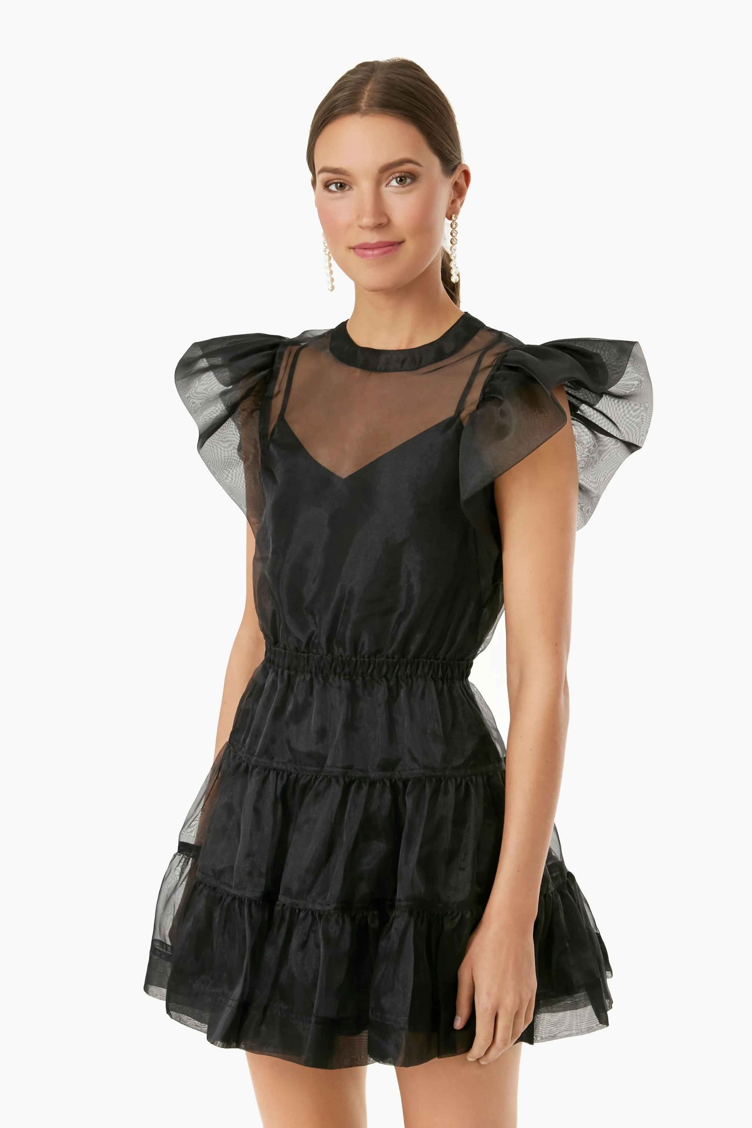 Black Monique Organza Ruffle Sleeve Mini Dress sold by Tuckernuck
