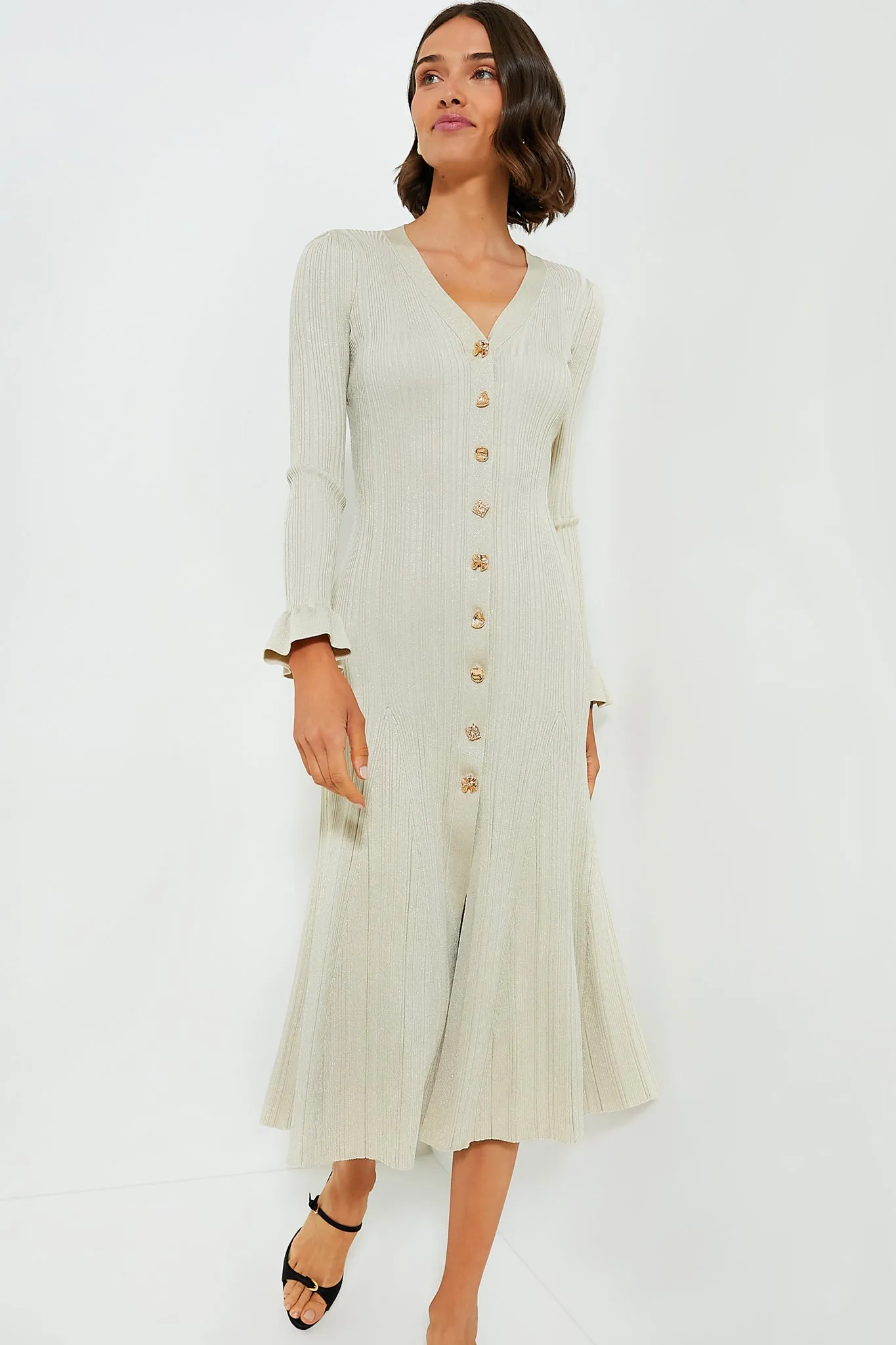 Cream Metallic Ribbed Midi Dress sold by Tuckernuck