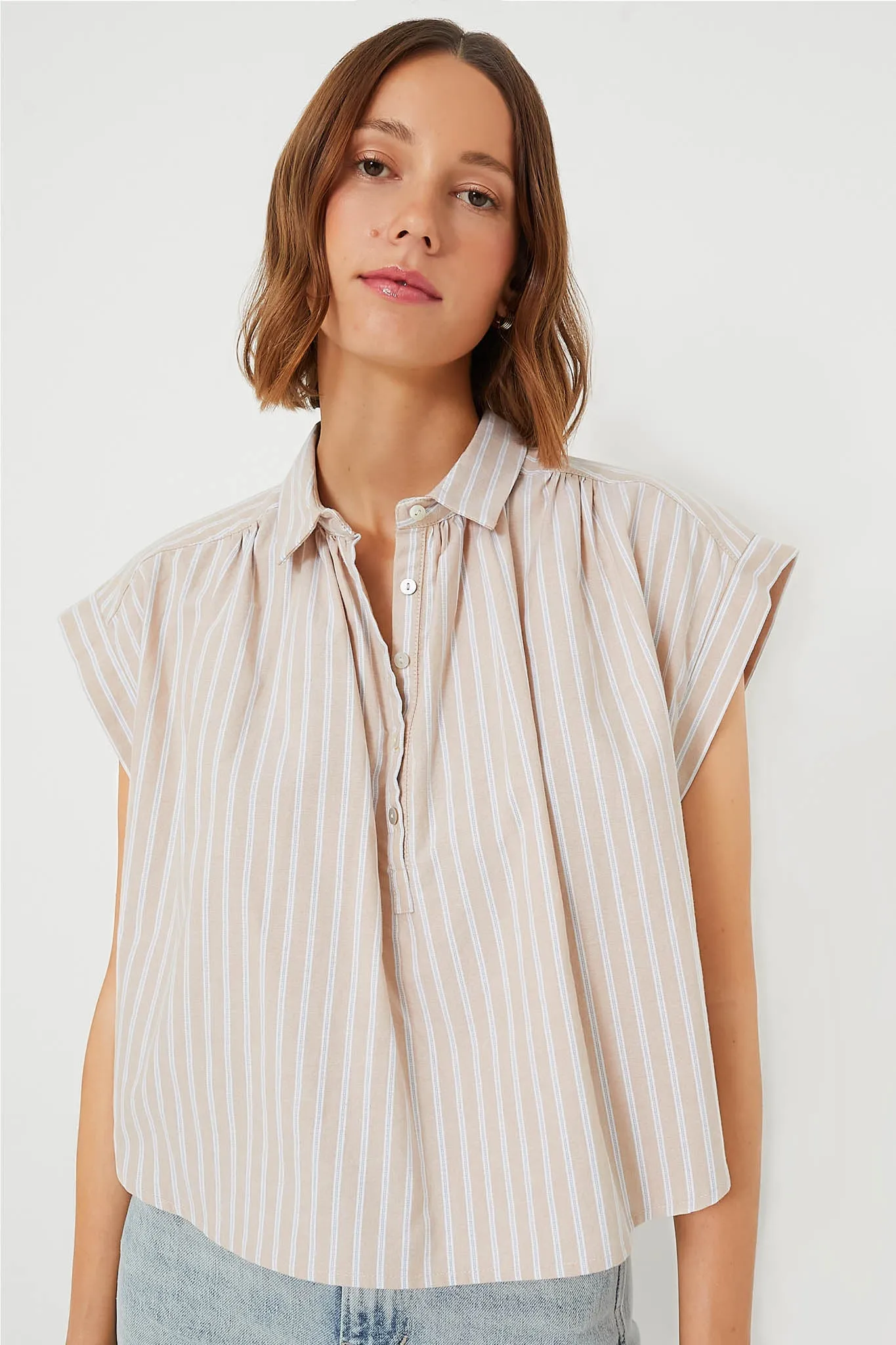 Tan Stripe Drop Shoulder Rosie Popover Top sold by Tuckernuck