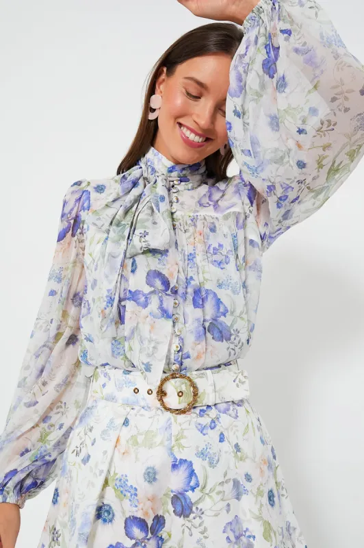 Blue Garden Print Natura Tie Neck Billow Top sold by Tuckernuck
