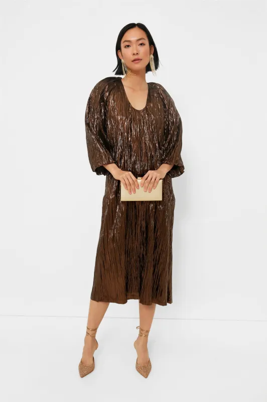 Bronze Metallic Plisse Dorinda Midi Dress made by Tuckernuck