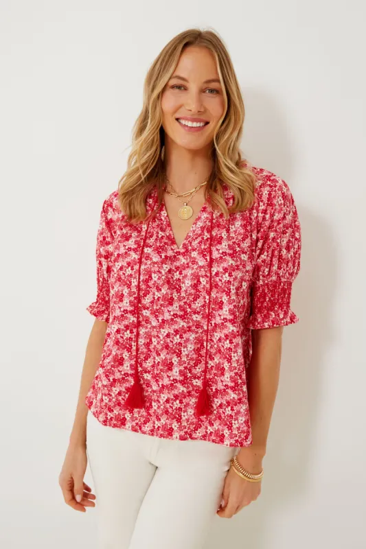 Red and Pink Floral V-Neck Colleen Blouse sold by Tuckernuck