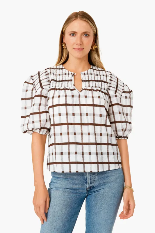 Brown Grid Print Puff Sleeve Woven Top made by Moon River
