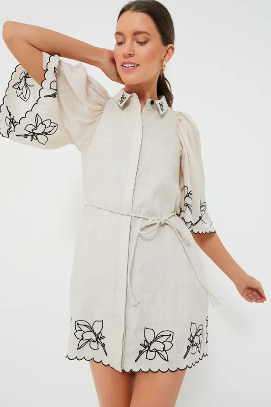 Flax Black Hattie Linen Embroidered Mini Smocked Shirt Dress sold by Tuckernuck