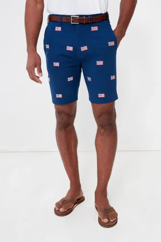 Navy American Flag Embroidered Stretch Twill Cisco Shorts sold by Tuckernuck