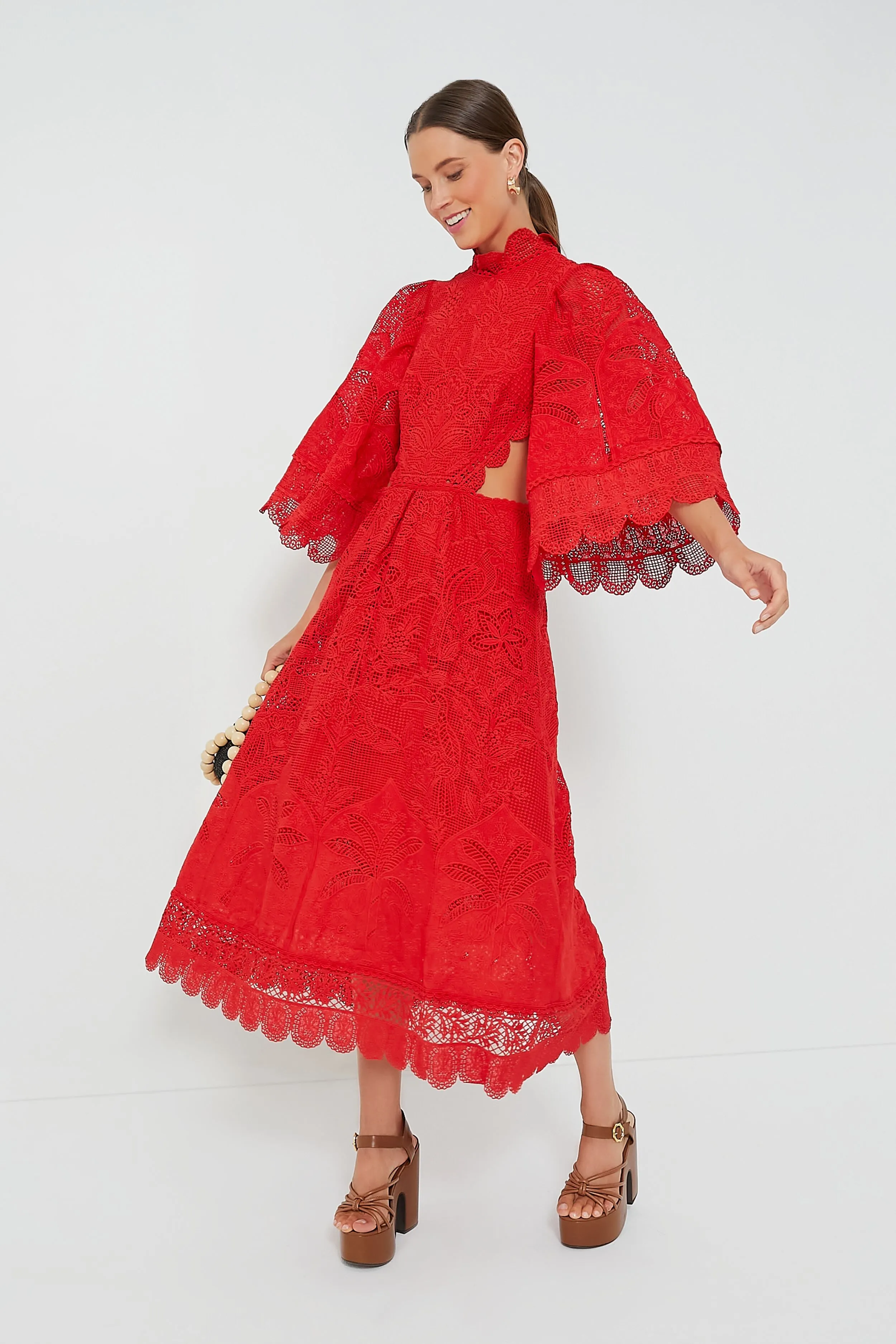Red Guipure Cut Out Midi Dress sold by Tuckernuck
