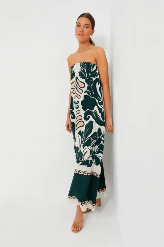 Dark Green Spray of Flowers Strapless Long Dress sold by Tuckernuck
