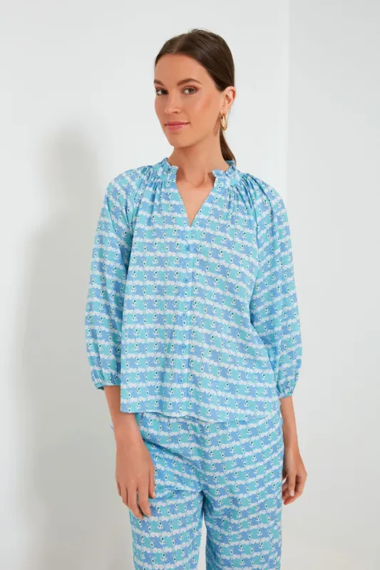 Blue Geometric Print Silky Palm Springs Blouse sold by Tuckernuck