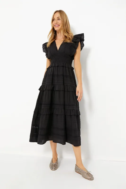 Black Loren Solid Cambric Flutter Sleeve V-Neck Dress sold by Tuckernuck