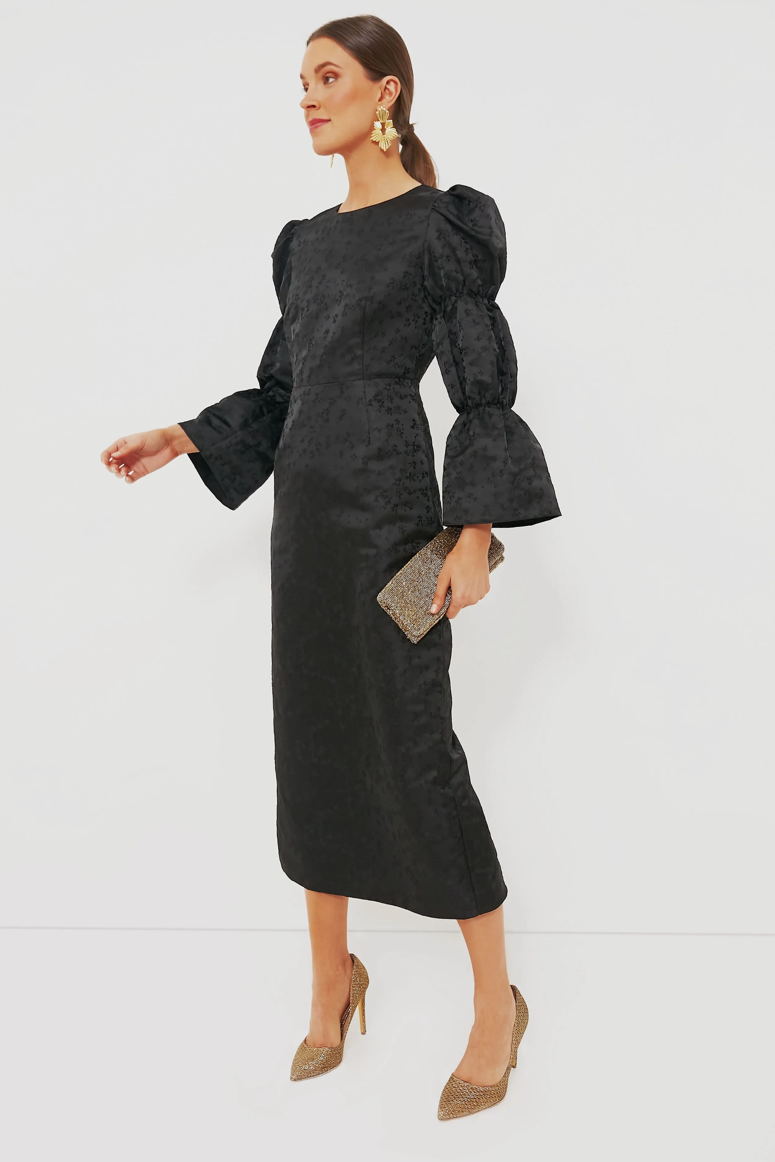 black jacquard puff sleeve darcy mini dress Black Jacquard Puff Sleeve Midi Darcy Dress